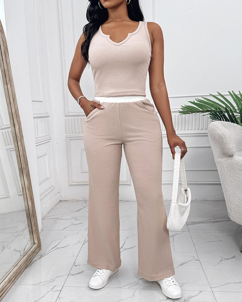 2 Piece Outfits Notch Neck Sleeveless Top Stretchy Waist Straight Leg Pants Lounge Sets Tracksuit