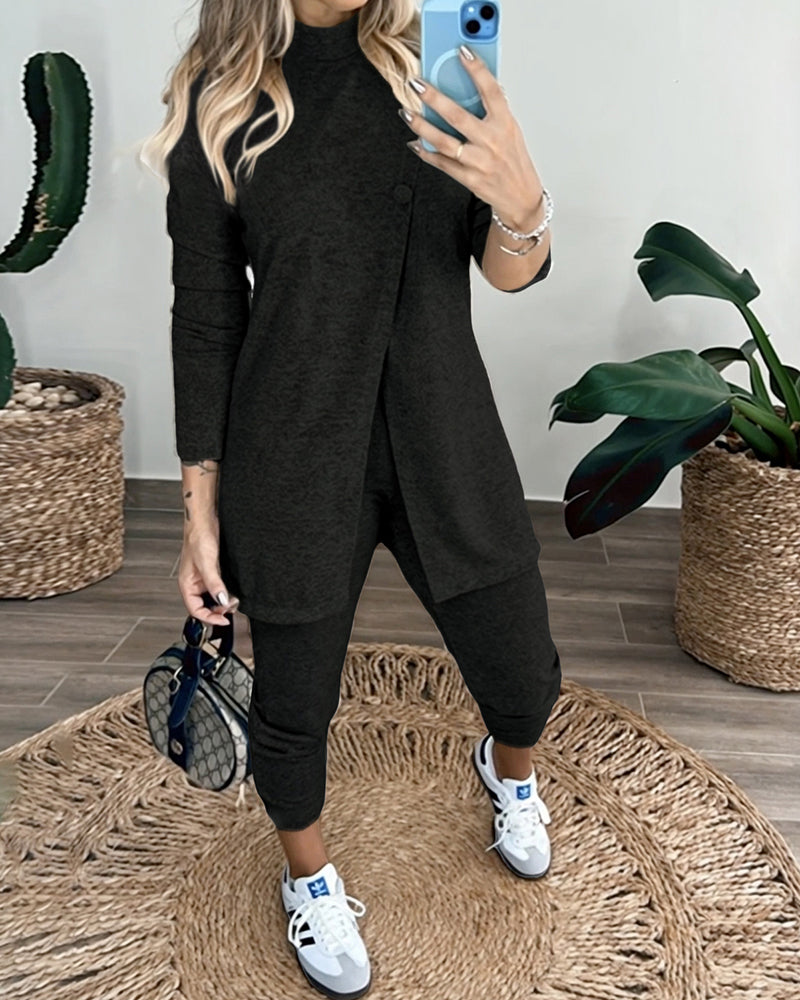 2 Pieces Outfit Mock Neck Long Sleeve Button Decor Slit Mid-Length Top and Stretchy Drawstring High Waist Slim Fit Pants Set