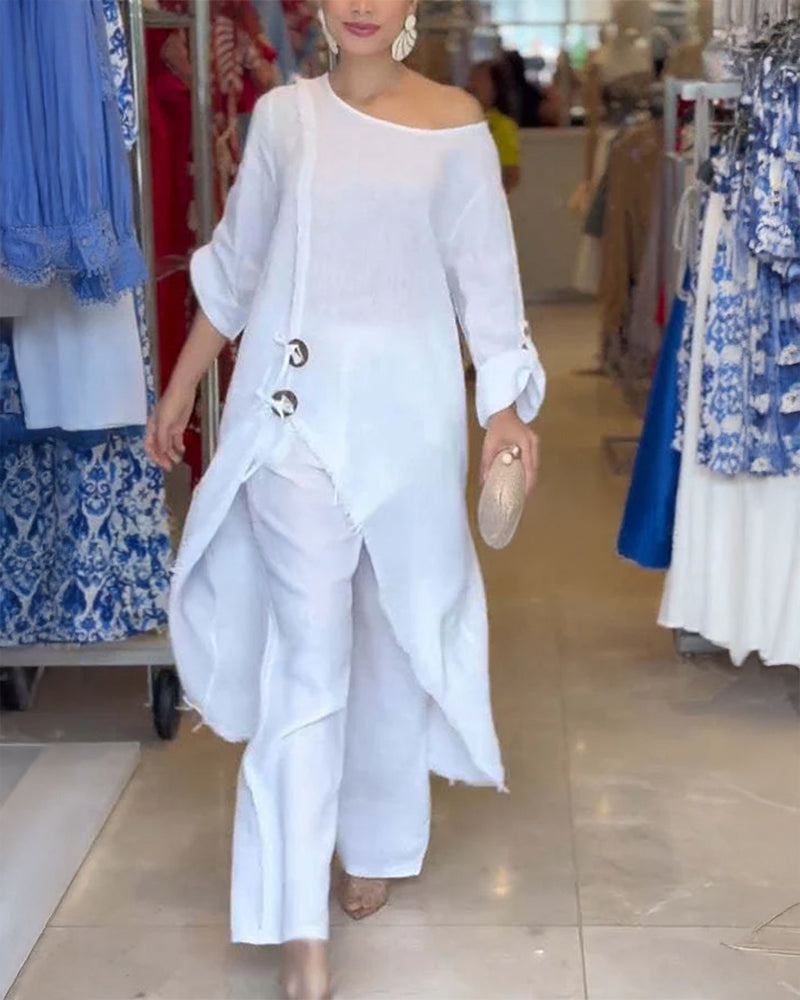 2 Pieces Outfit Button Decor One Shoulder Turn-Up Sleeves Slit Raw Edges Top and Casual Drawstring Elastic Waist Wide Leg Pants Set