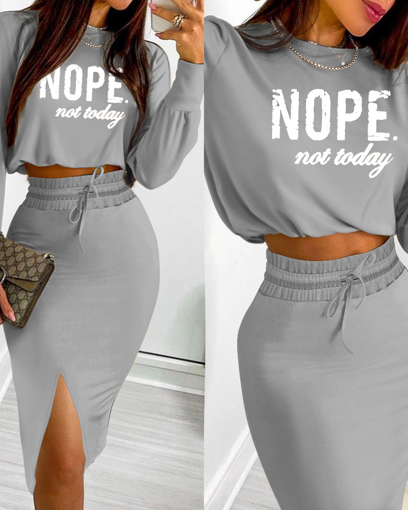 2 Pieces Outfit NOPE. not today Slogan Print Long Sleeve Stretchy Hem Crop Top and High Waist Drawstring Elastic Waist Slit Casual Skirt Set
