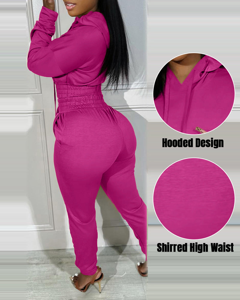 2 Pieces Outfit Drop Shoulder Kangaroo Pocket Stretchy Hem Crop Drawstring Hoodie Sweatshirt And Drawstring Elastic Waist Jogger Sweatpants Casual Tracksuit