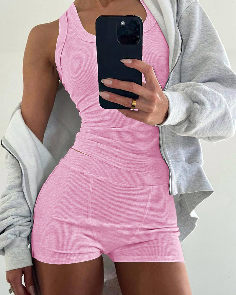 2PCS Micro-Ribbed U-Neck Tank Top & Boxer Set Cozy Loungewear