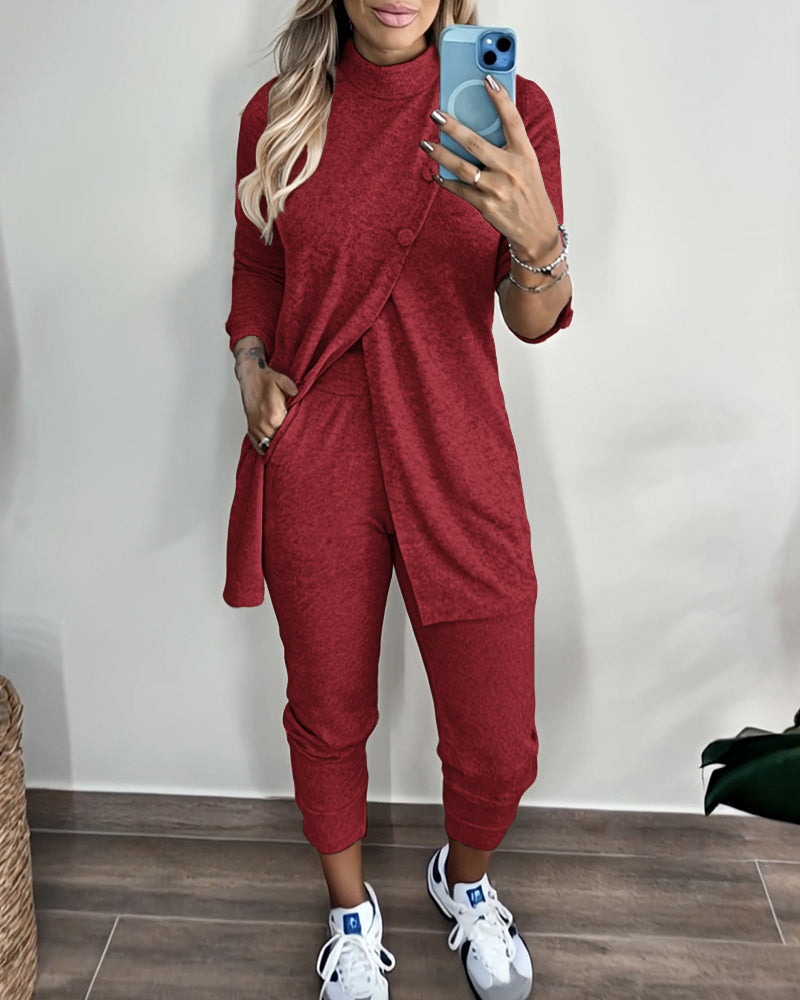 2 Pieces Outfit Mock Neck Long Sleeve Button Decor Slit Mid-Length Top and Stretchy Drawstring High Waist Slim Fit Pants Set