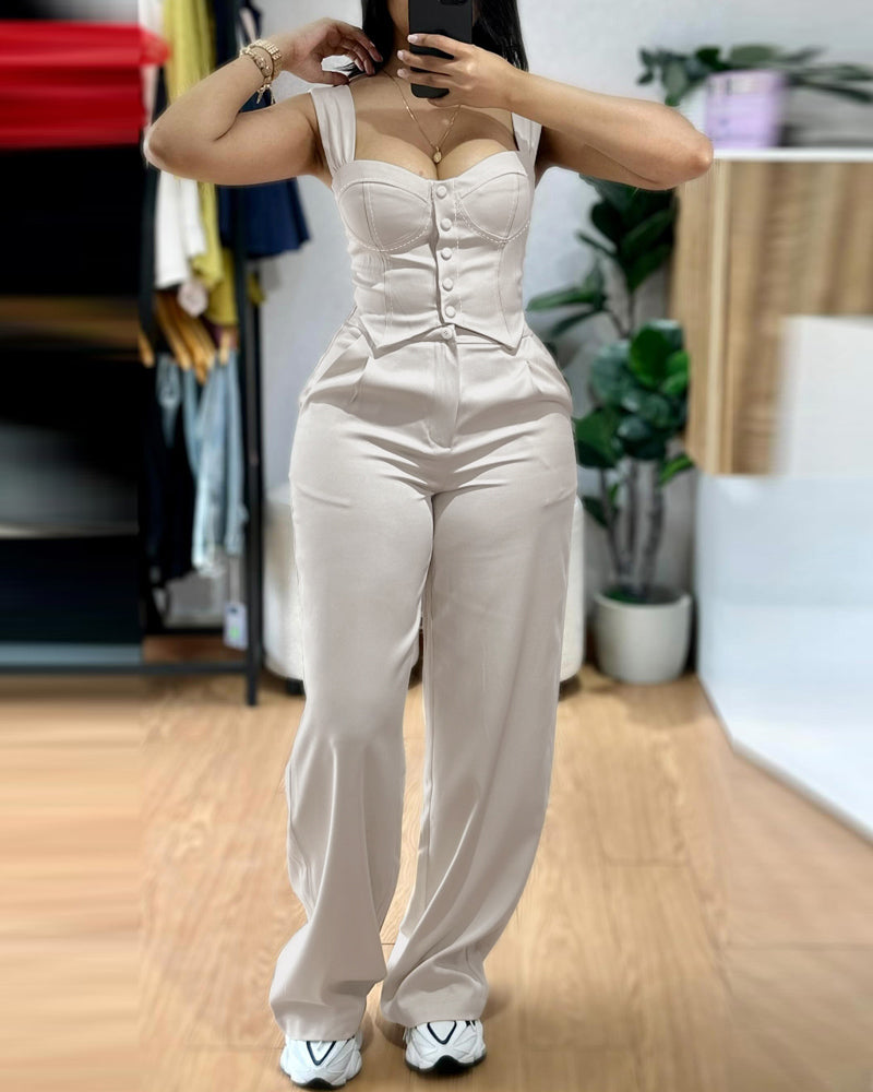 2 Pieces Outfit Thick Strap Button Front Shirred Back Slim Fit Crop Top and Casual High Waist Zipper Fly Elastic Back Waist Wide Leg Pants Set