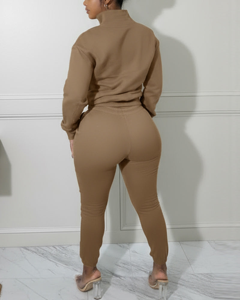 2 Pieces Outfit High Neck Half Zip Drop Shoulder Top and Drawstring Elastic Waist Slim Fit Jogger Pants Set Casual Tracksuit