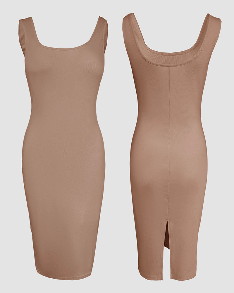 2 Pieces Outfit U-Neck Slit Back Slim Fit Knit Tank Dress and Pearl Button Front Baseball Coat Casual Ribbed Set