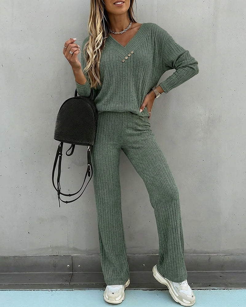 2 Pieces Outfit Button Decor V-Neck Long Sleeve Top and Elastic Waist Straight Leg Pants Set Casual Ribbed Set