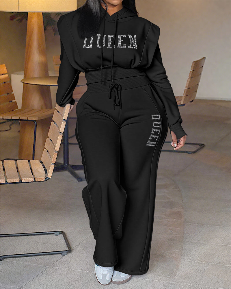 2 Pieces Outfit 3D Design Crop Drawstring Hoodie Top and Drawstring Elastic Waist Wide Leg Sweatpants Set Casual Rhinestone Letter Pattern Sweatshirt Set