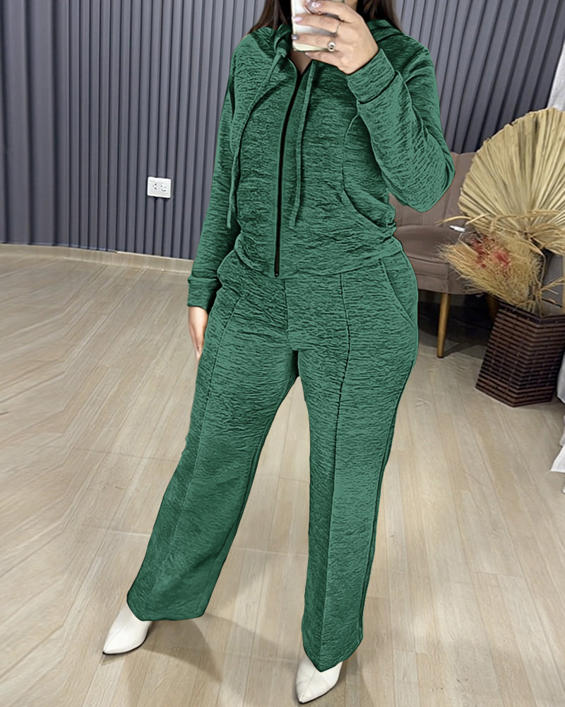 2 Pieces Outfit Long Sleeve Zip Up Drawstring Hoodie Coat and Casual Elastic Waist Seam Front Straight Leg Pants Set