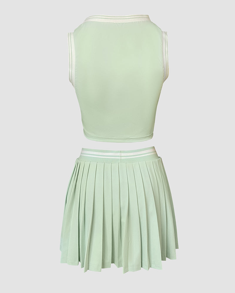 2 Pieces Outfit Round Neck Sleeveless Crop Tank Top and Elastic Waist Pleated Mini Skirt Set Casual Contrast Paneled Set
