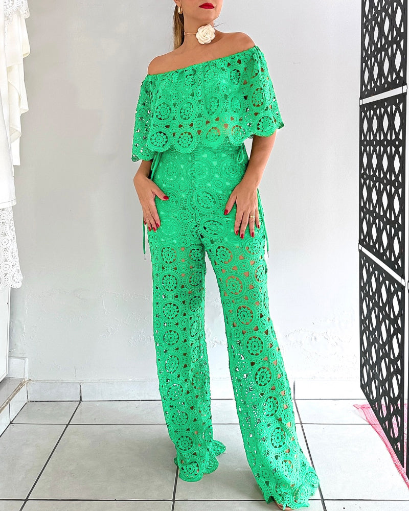 2 Piece Floral Pattern Off the Shoulder Batwing Sleeve Hollow-out Top Straight Leg Pants Elegant Pants Set