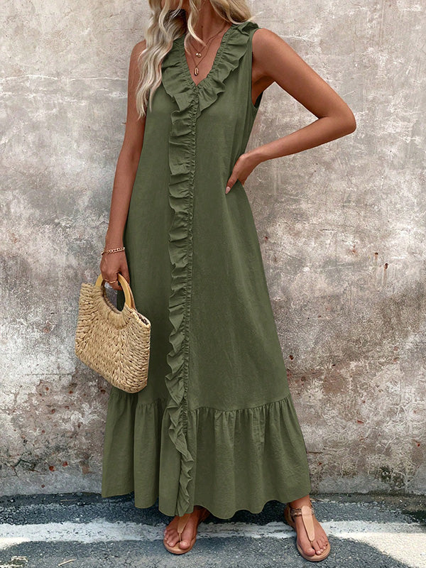 A-Line Loose Pleated Ruffle Trim Solid Color V-Neck Maxi Dresses