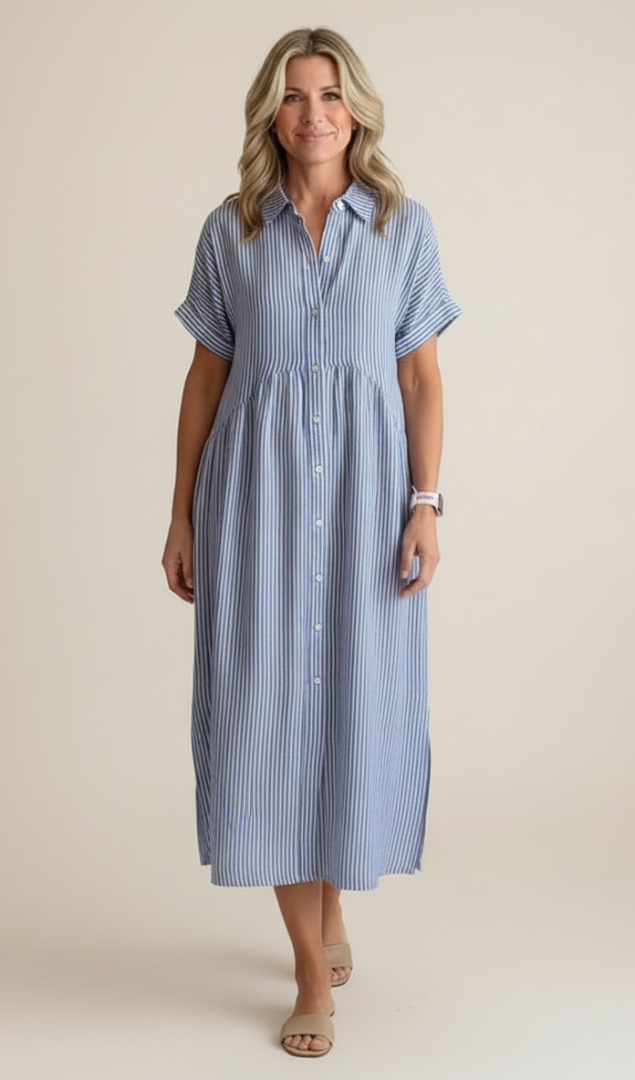 Marina | Elegant Striped Maxi Shirt Dress with Pockets