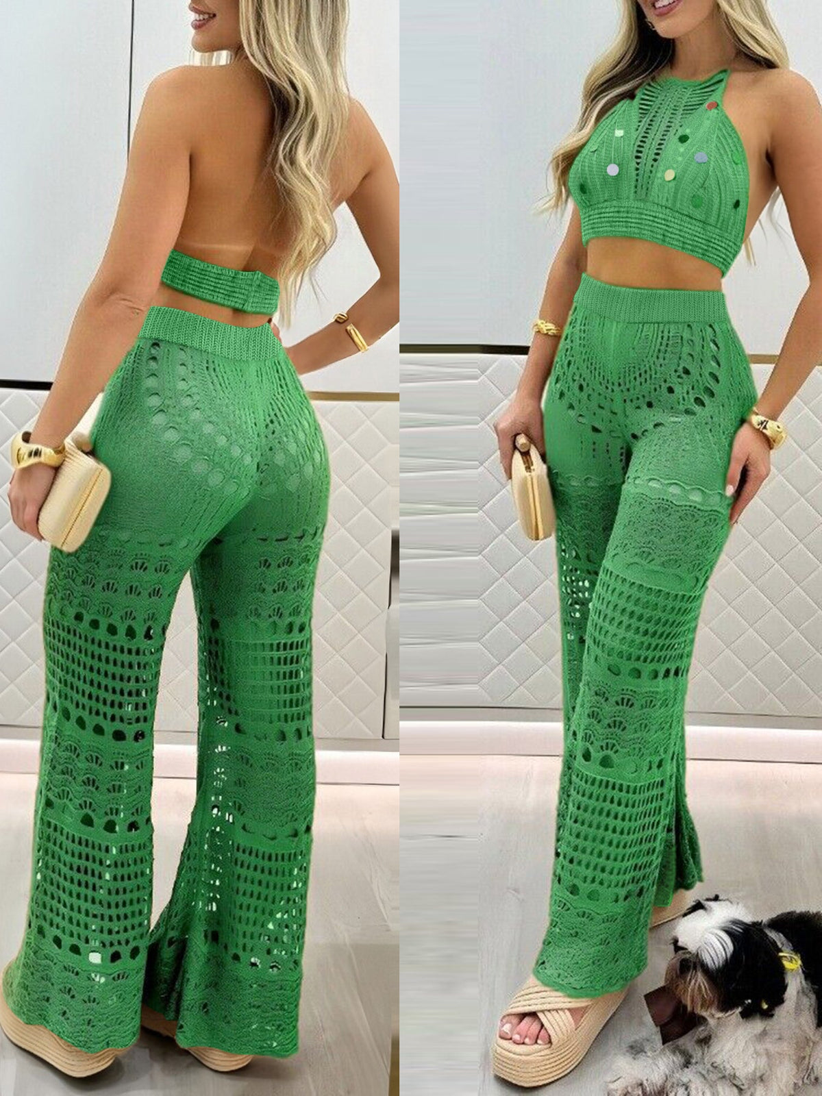 2 Pieces Round Sequin Knitted Halter Sleeveless Crop Top and Casual Strechy Waist Wide Leg Knit Pants Set