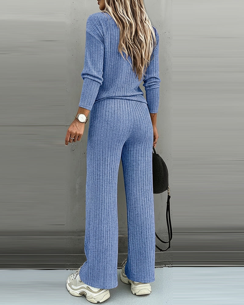 2 Pieces Outfit Button Decor V-Neck Long Sleeve Top and Elastic Waist Straight Leg Pants Set Casual Ribbed Set