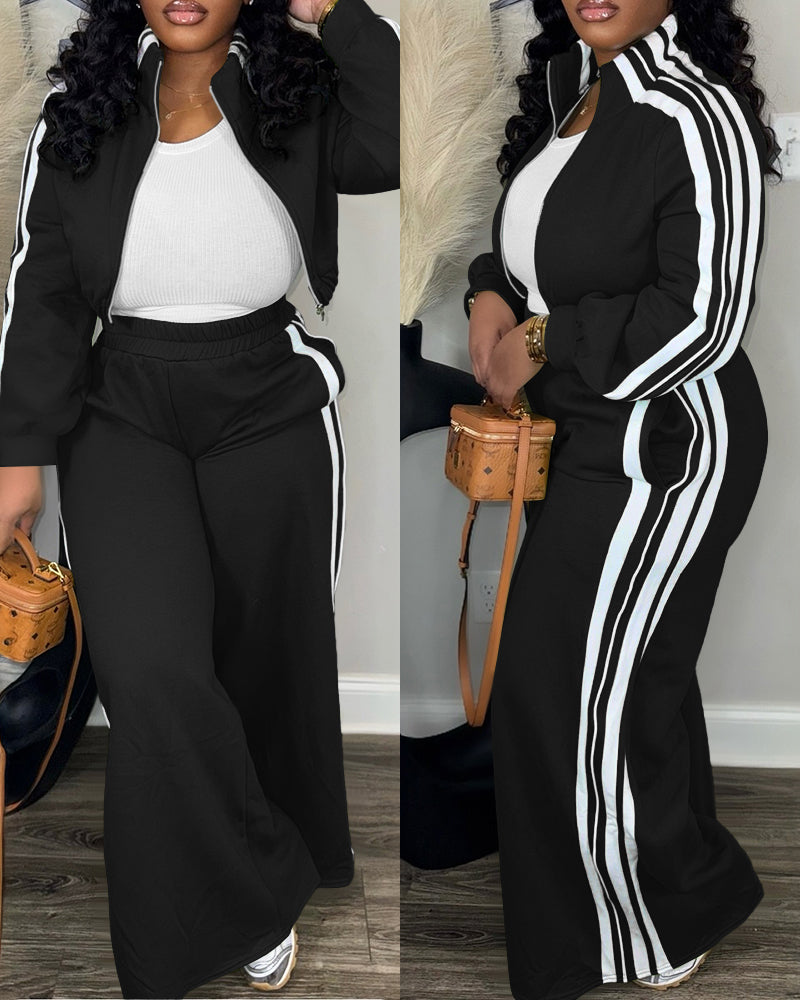 2 Pieces Outfit Stand Collar Zip Up Stretchy Hem Crop Coat and Elastic Waist Wide Leg Pants Set Casual Contrast Side Striped Set