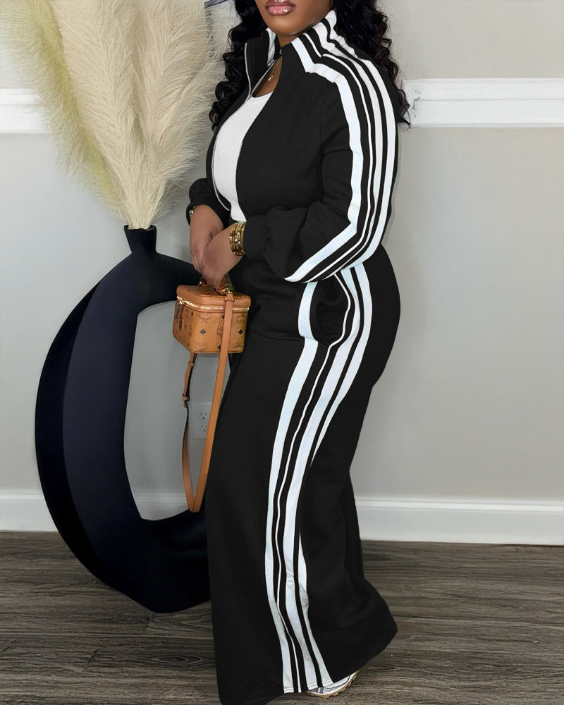 2 Pieces Outfit Stand Collar Zip Up Stretchy Hem Crop Coat and Elastic Waist Wide Leg Pants Set Casual Contrast Side Striped Set