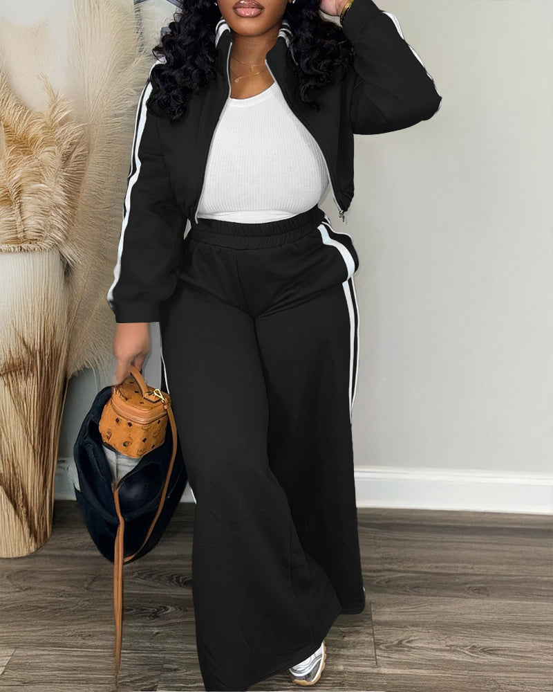 2 Pieces Outfit Stand Collar Zip Up Stretchy Hem Crop Coat and Elastic Waist Wide Leg Pants Set Casual Contrast Side Striped Set
