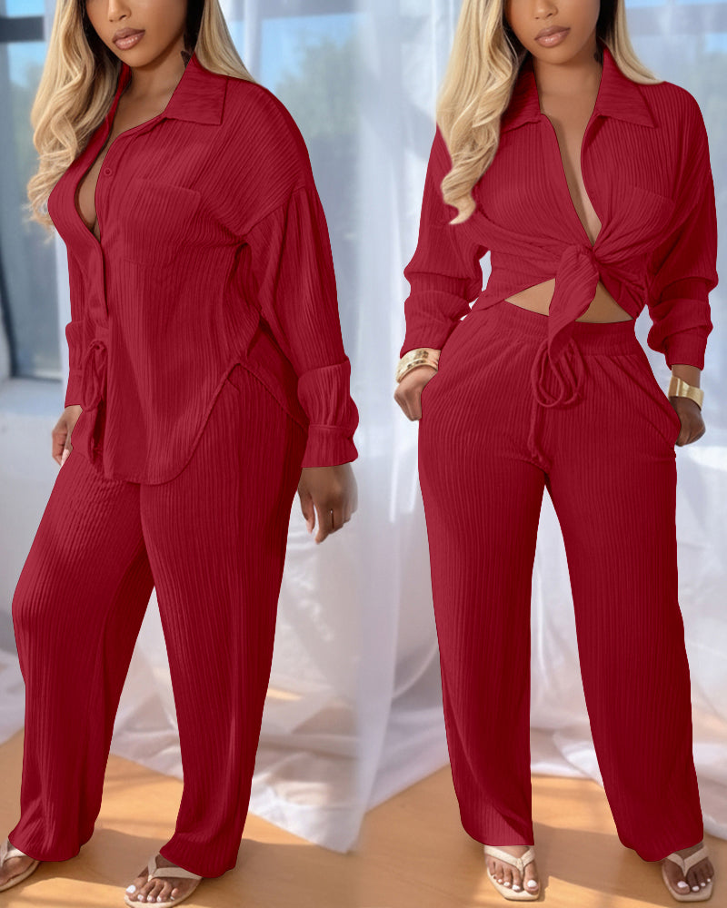 2 Pieces Outfit Turn-down Collar Button Front Pocket Design Asymmetrical Hem Top and Drawstring Elastic Waist Wide Leg Pants Set Casual Textured Set