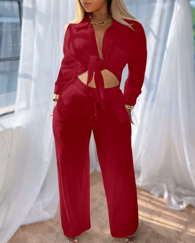 2 Pieces Outfit Turn-down Collar Button Front Pocket Design Asymmetrical Hem Top and Drawstring Elastic Waist Wide Leg Pants Set Casual Textured Set