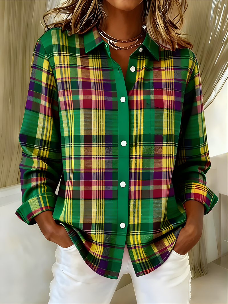 Elouise | Checked Hoodie Blouse in Vivid Green Tones