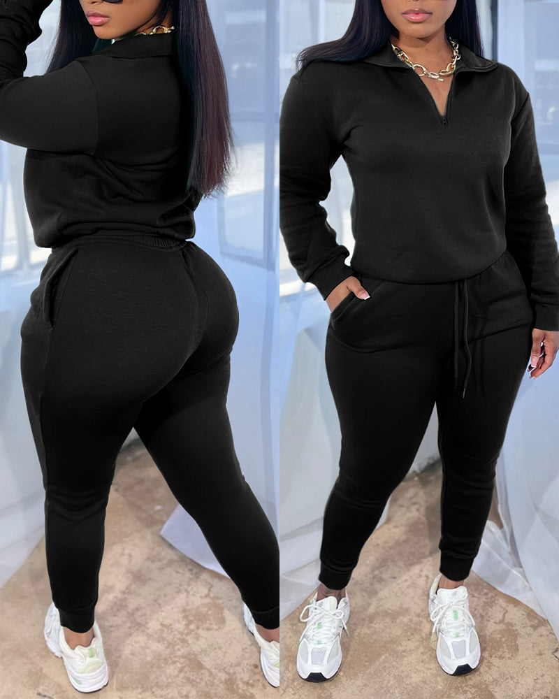 2 Pieces Outfit High Neck Half Zip Drop Shoulder Top and Drawstring Elastic Waist Slim Fit Jogger Pants Set Casual Tracksuit