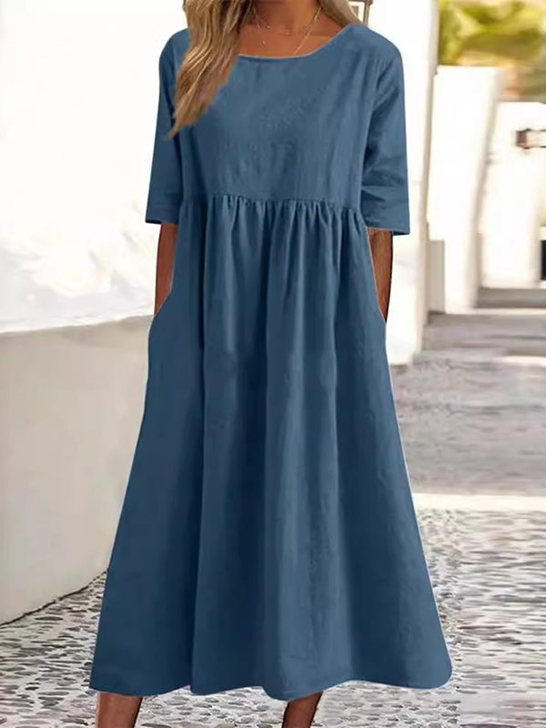 A-Line Half Sleeves Pleated Pockets Solid Color Round-Neck Midi Dresses