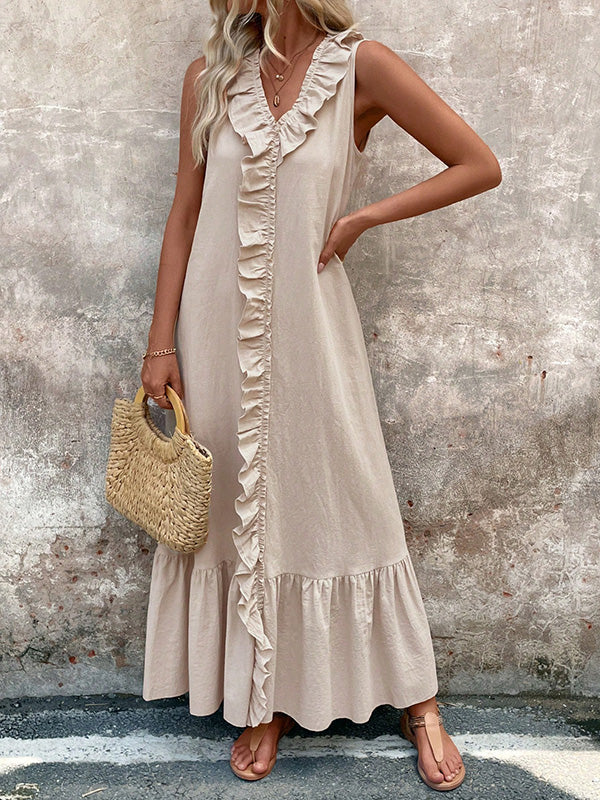 A-Line Loose Pleated Ruffle Trim Solid Color V-Neck Maxi Dresses