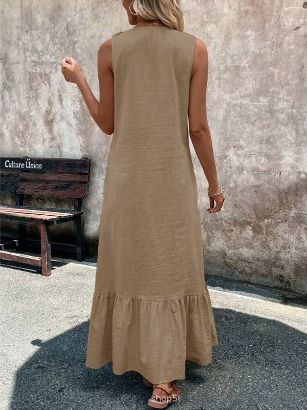 A-Line Loose Pleated Ruffle Trim Solid Color V-Neck Maxi Dresses