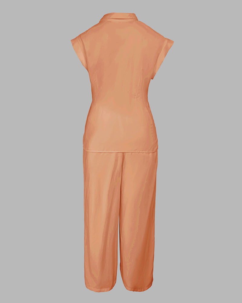 2 Pieces Outfit Turn-down Collar Cap Sleeve Button Front Tied Detail Top and Casual Zipper Fly Elastic Back Waist Wide-Leg Pants Set